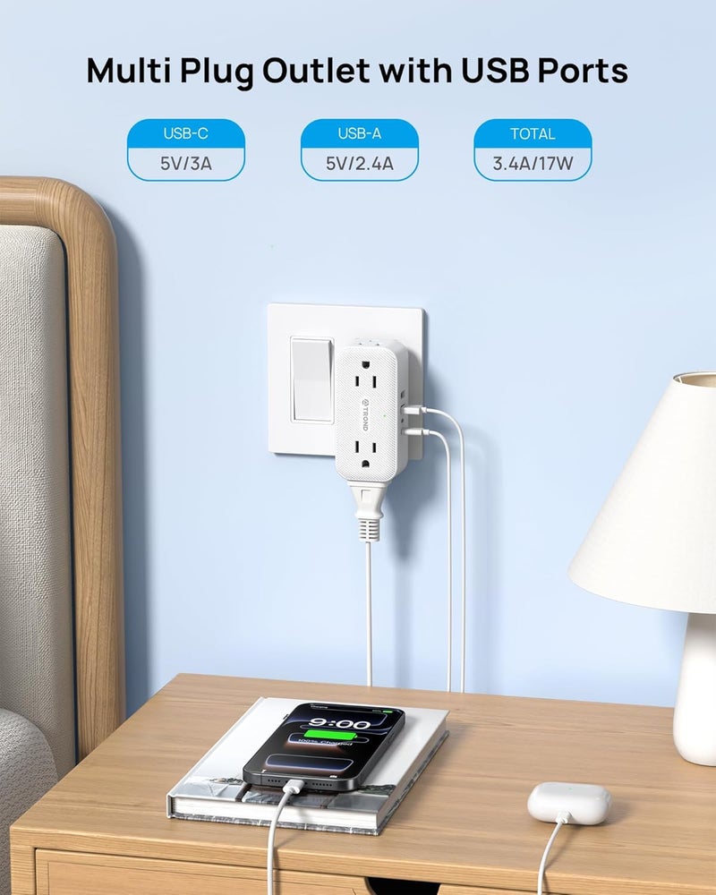 TROND Outlet Extender with 360 Rotating Plug, Plug Adapter with 4 Electrical Sockets and 4 USB Ports, 900 Joules Surge Protection, 3 Way Outlet Splitter for Home Office Travel, White - Image 2